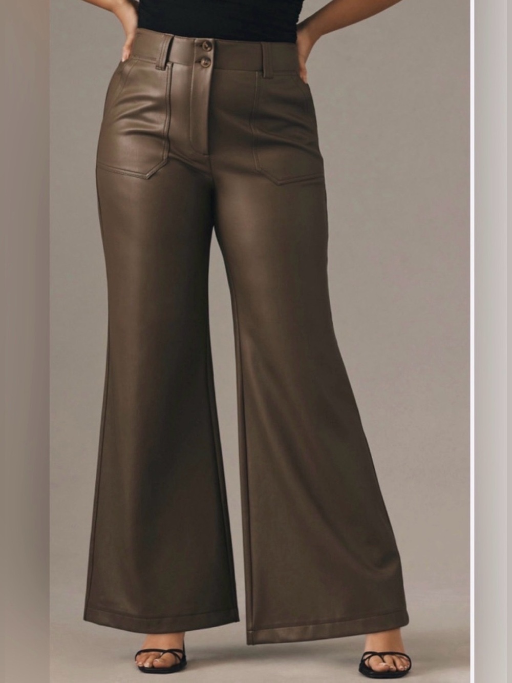 Anthropologie Maeve vegan leather brown wide leg flare pants high rise. 14